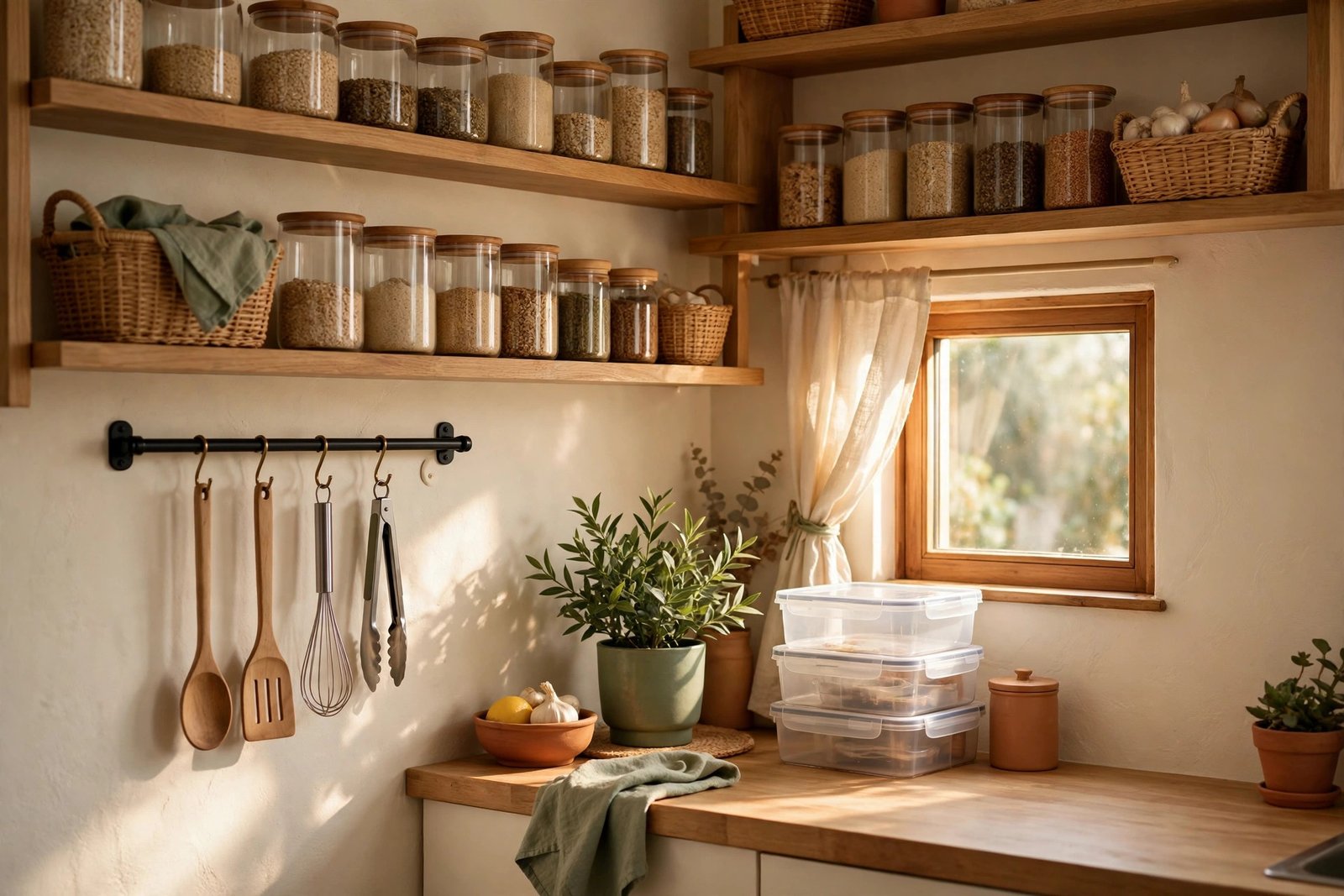 Organized small kitchen with open shelves, labeled jars and budget storage ideas — TinyNest
